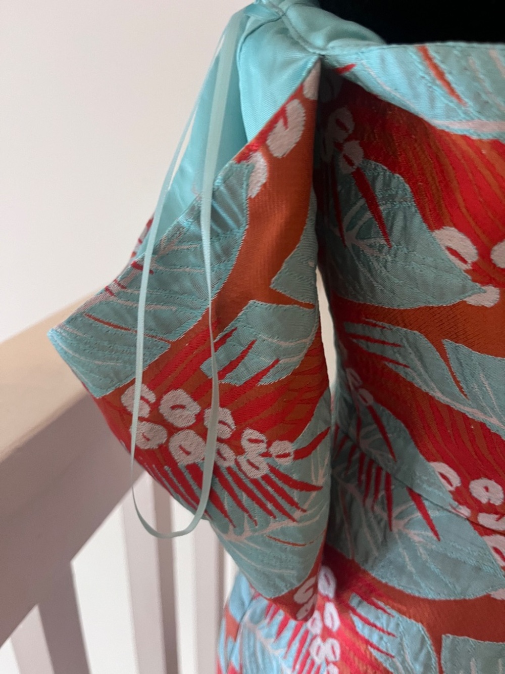 ASOS Tropical Leaf Jacquard Off Shoulder Mermaid Midi Dress Coral Turqoise Sz 4 - Picture 12 of 16